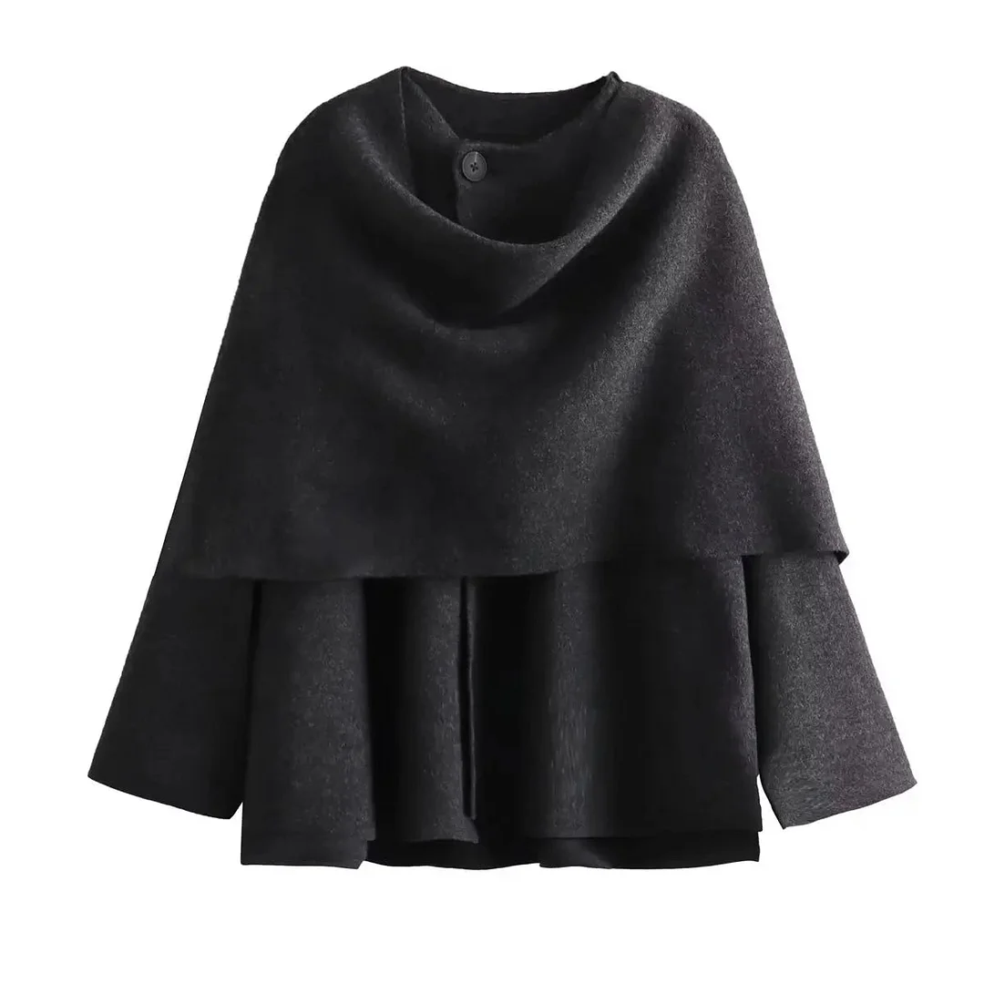 Tlbang Women Dark Gray Asymmetrical Scarf Crop Knit Coat Vintage Oversize Female Winter Warm Outerwear
