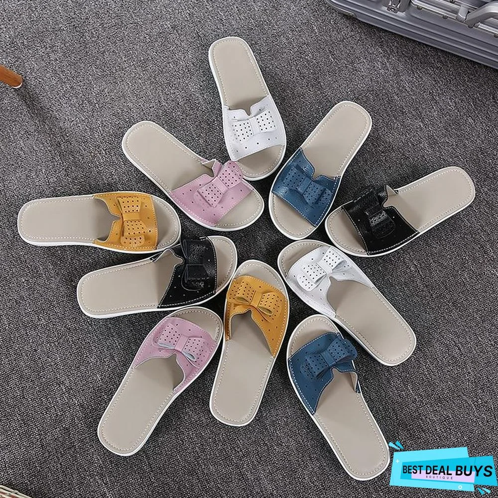Summer Women Butterfly Knot Pu Leather Cut Out Flat Heels Slippers Sandals