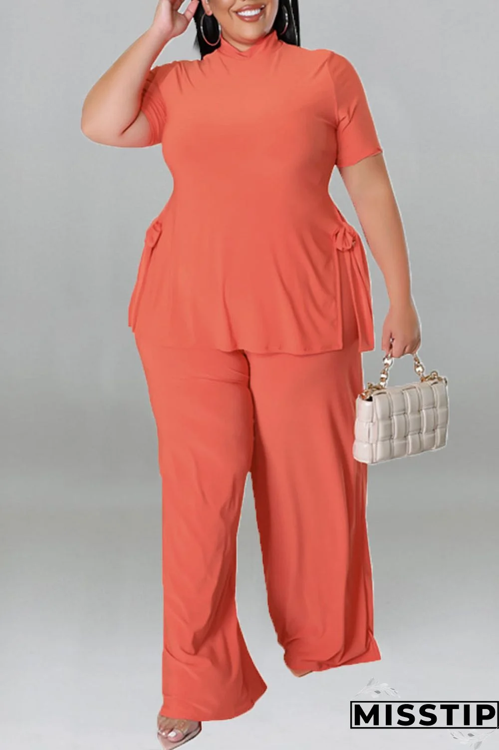 Purple Casual Solid Patchwork O Neck Plus Size Two Pieces