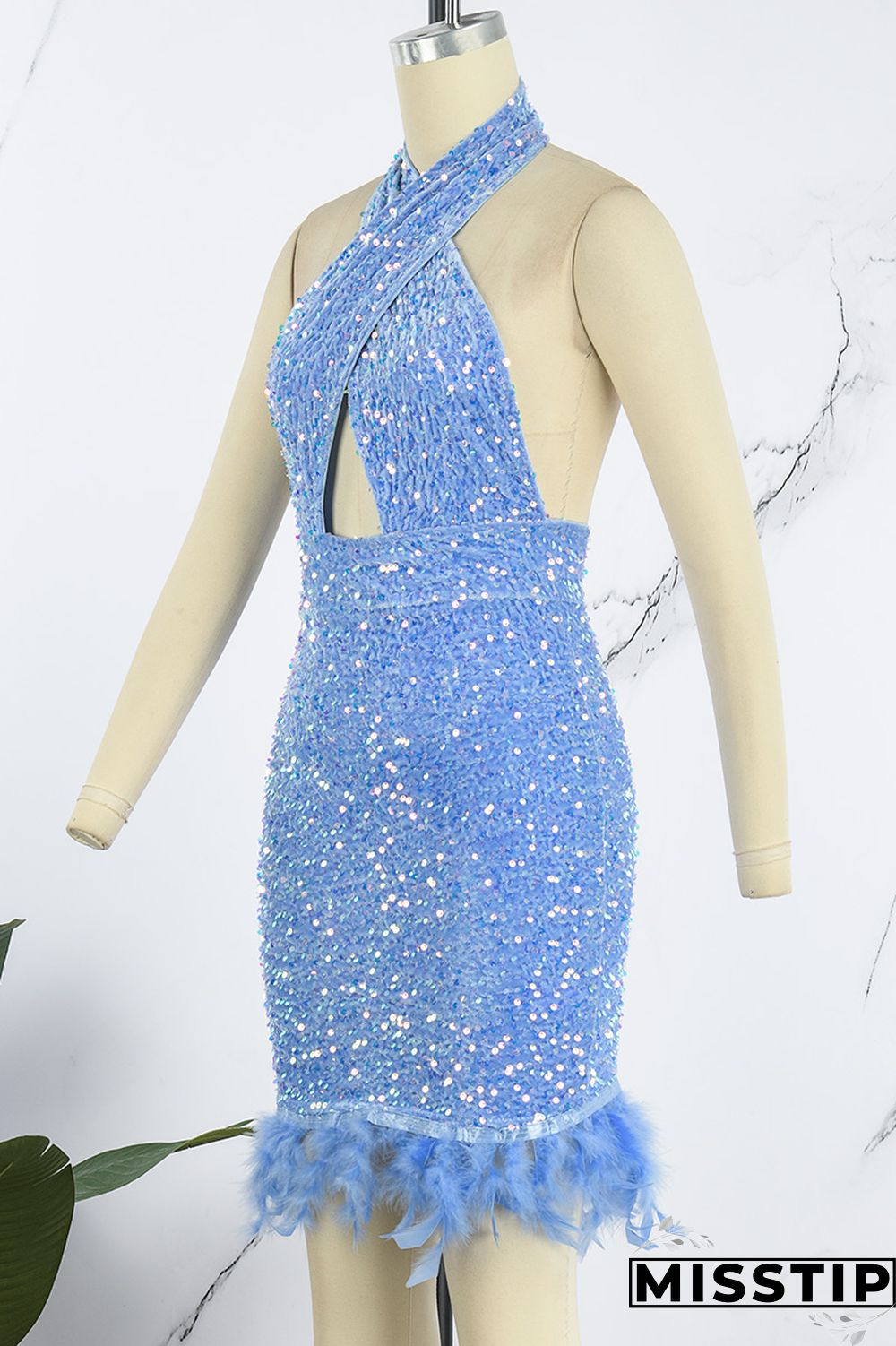 Blue Sexy Patchwork Sequins Backless Halter Sleeveless Dress Dresses