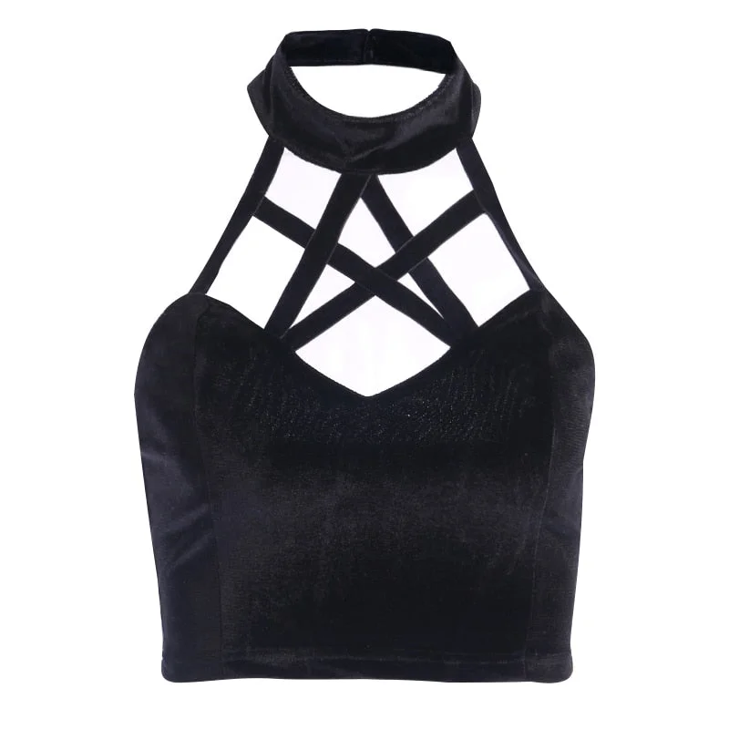 InsGoth Goth Pentagram Black Camis Vintage Velvet Sexy Corset Tops Gothic Halter Backless Hollow Out Crop Tops Basic Streetwear