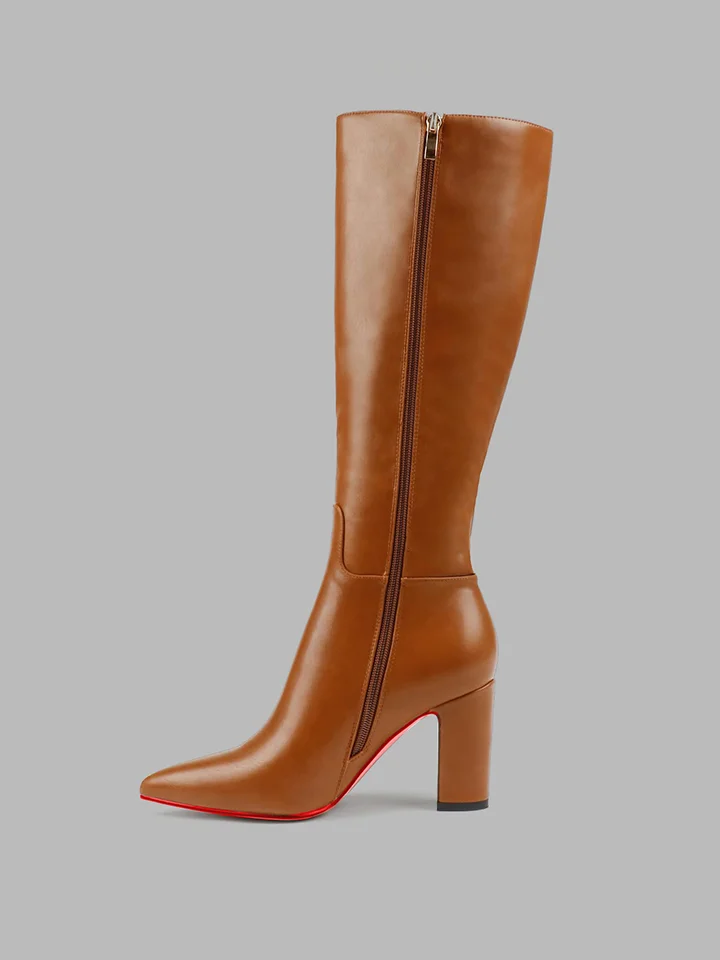 95mm Women's  Red Bottom Poined Toe Zipper Shoes High Heels Knee Boots