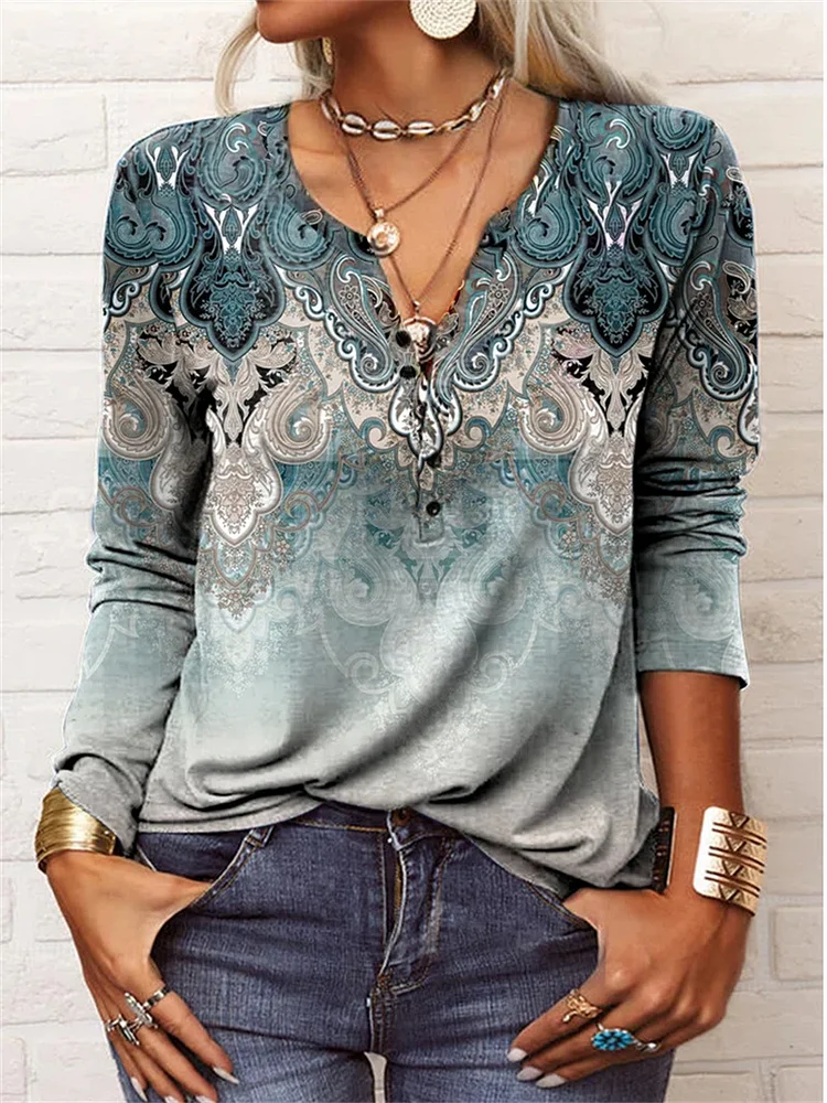 Women's Retro Floral Printed U Collar Long Sleeve Top