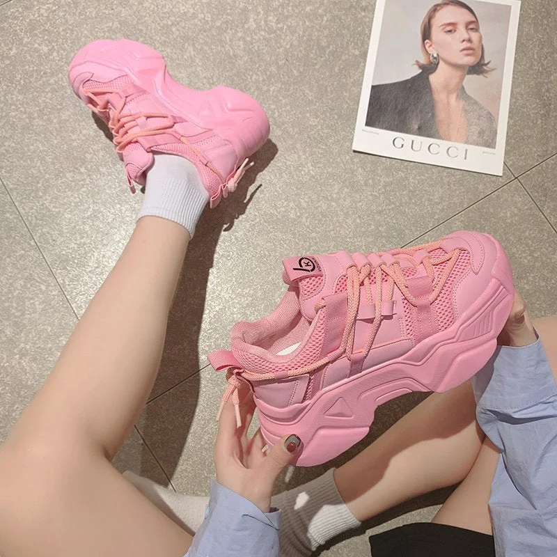 Platform Sneakers Women 2021 New Fashion Height Increasing Chunky Shoes Solid Pink Black Girls Casual Sneakers Trainers