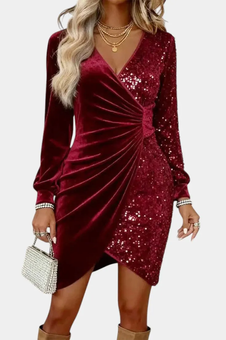 Velvet & Sequin Asymmetrical Wrap Dress