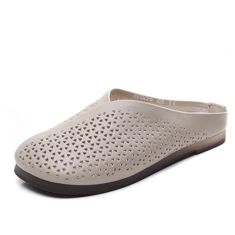 Yyvonne Layer Of Cow Skin Retro One Foot Soft-Soled Slippers Women 2025 Summer New Comfortable Outer Hollow Hole Shoes