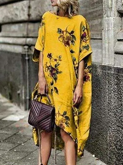 Printed Floral Irregular Hem Loose Dress