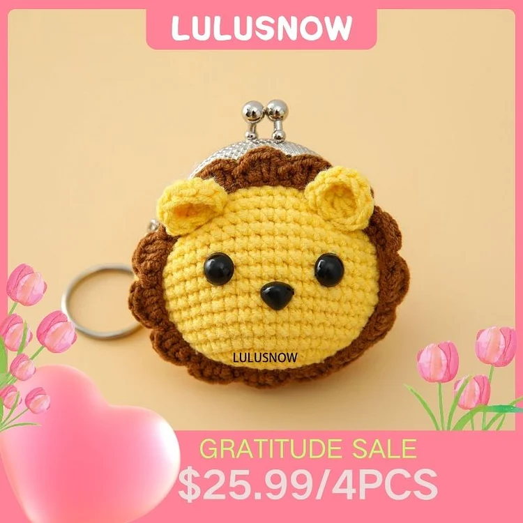Lulusnow Handmade Yellow Lion ANIMAL CARTOON Small Money Pouch Crochet Coin Purse Keychain Bag Pendant Gift for Her/Friend/Kids/Christmas/Easter