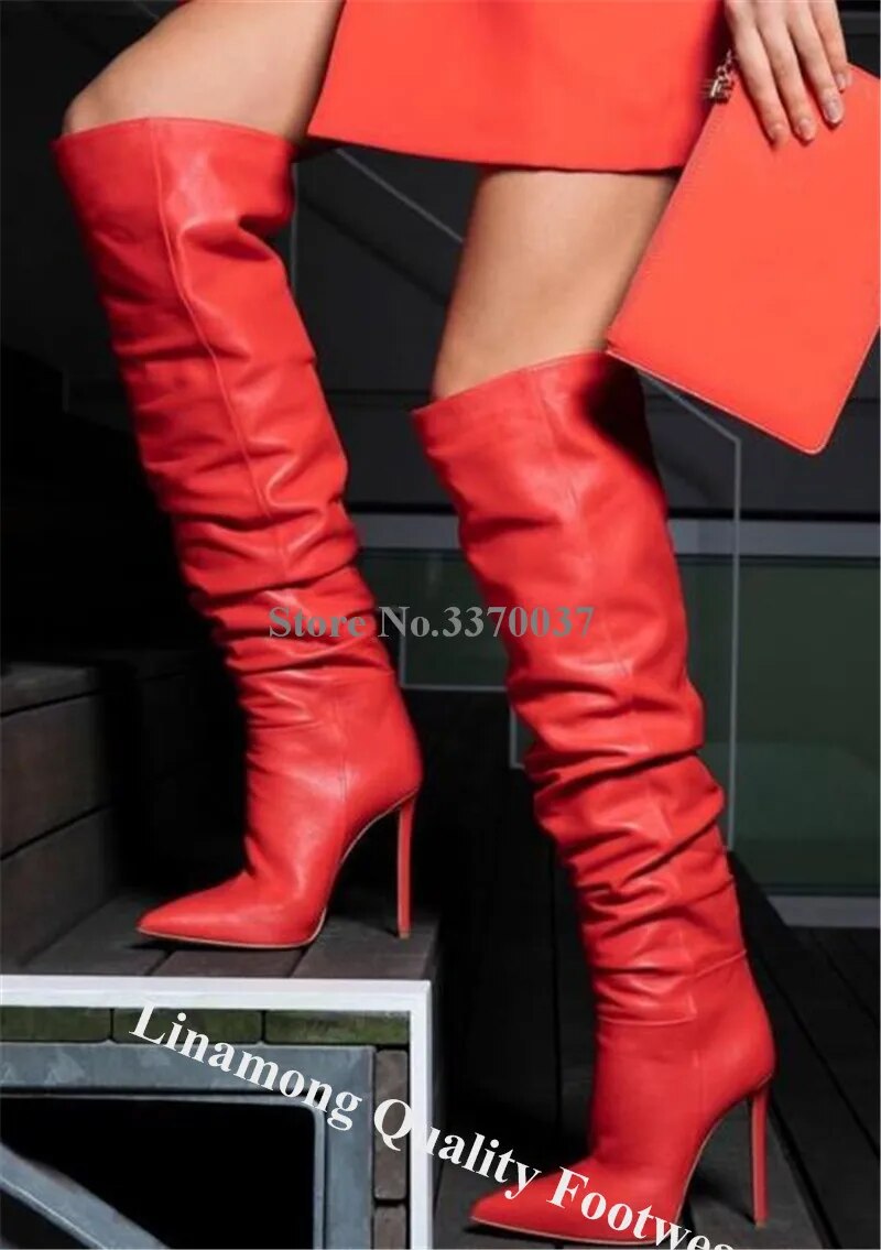 VCSHOES Pointed Toe Stiletto Heel Knee High Boots Red Leather Long High Heel Boots Club Dress Shoes Big Size
