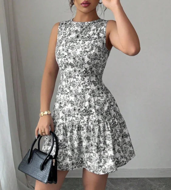 Nigikala Nigikala French Elegant Floral Print Sleeveless Bundle With Mini Dress