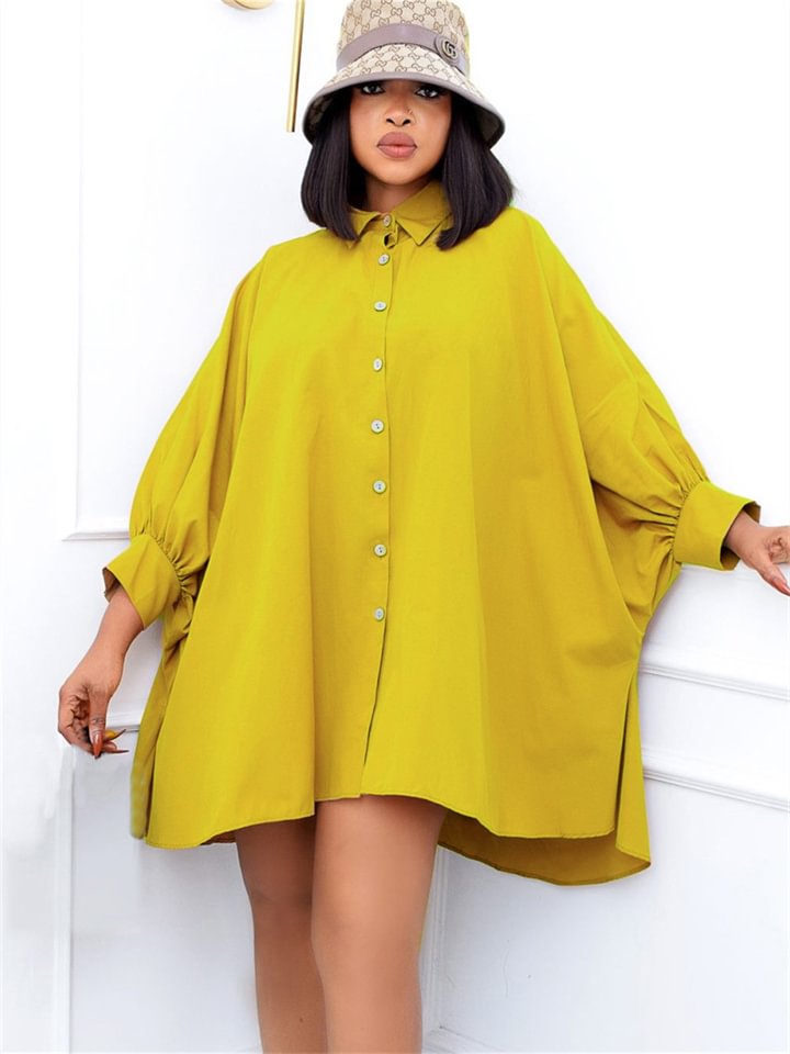 Loose Touch Lapel Solid Color Shirt Dress -vasmok