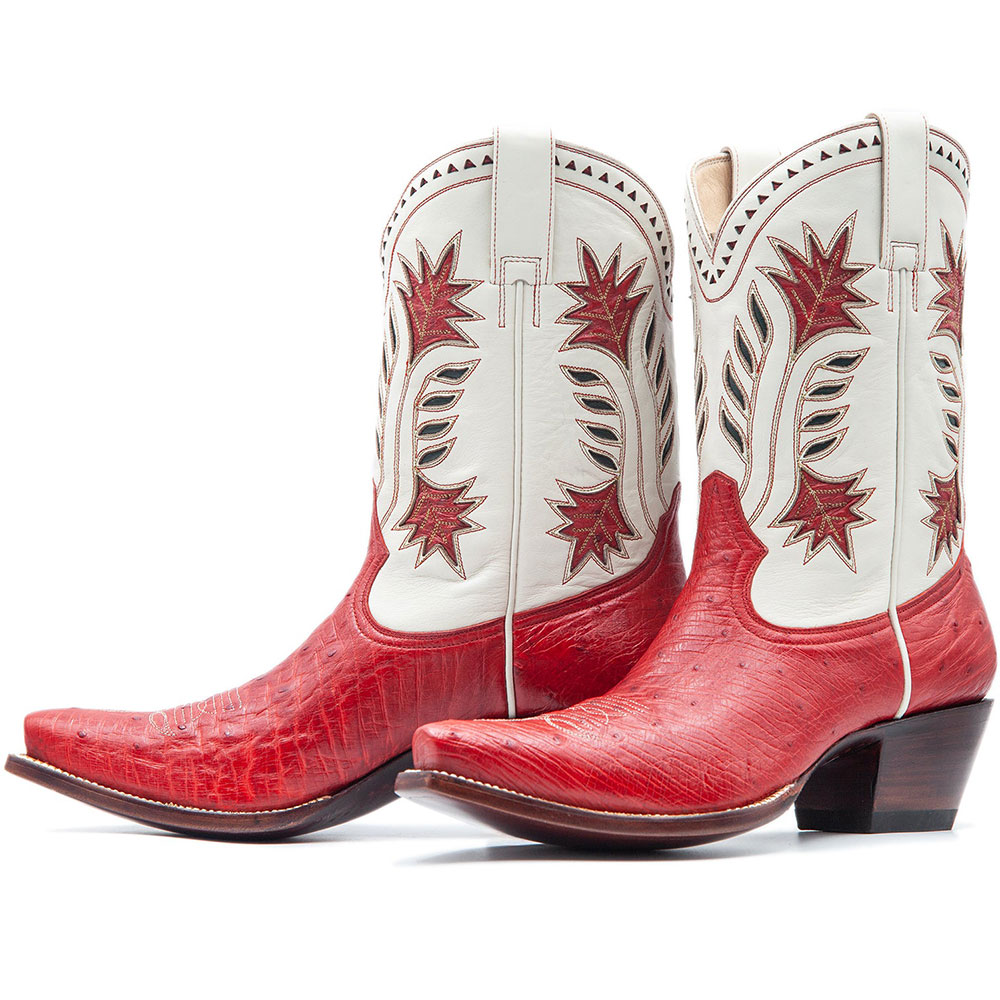 Red & Ivory Ostrich Embossed Leaf Embroidered Mid-Calf Cowgirl Boots Nicepairs
