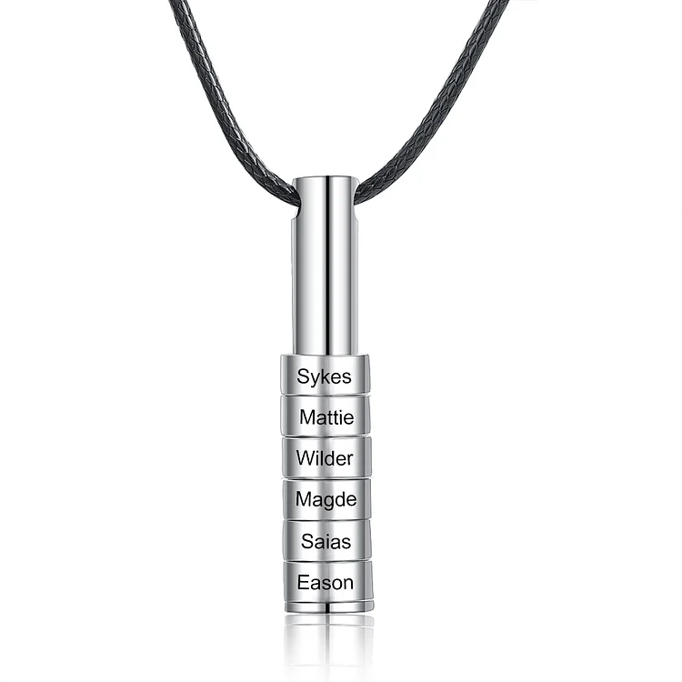 Personalized Vertical Cylinder Pendant Necklace with Beads Engraved 6 Names Men's Necklace for Him