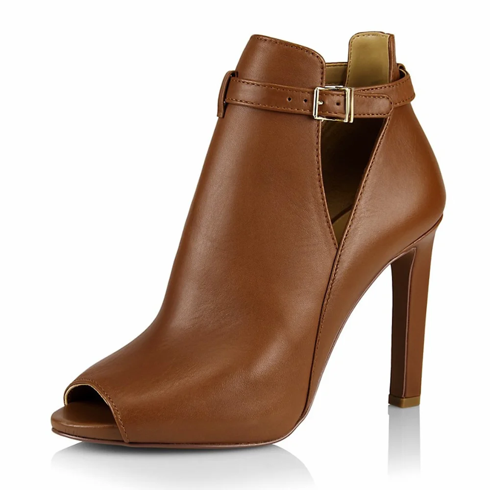 Brown Peep Toe Booties Cut Out Buckled Heeled Ankle Boots Nicepairs