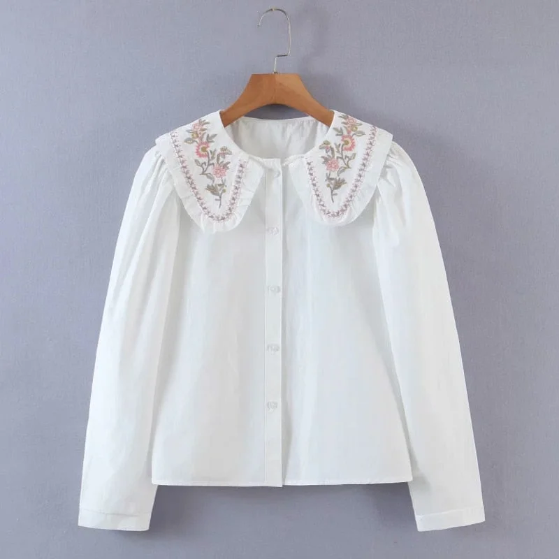 Spring Women Flower Embroidery Peter Pan Collar White Shirt Female Long Sleeve Blouse Lady Loose Tops Blusas S8591