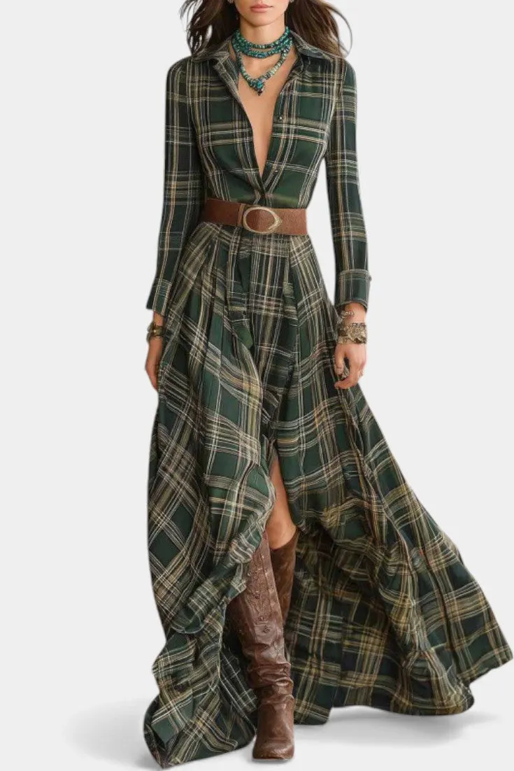 Plaid Shirt Dress with Belt and High Slit