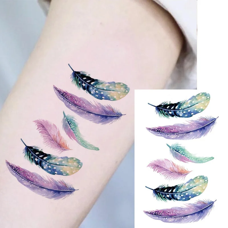 Small Waterproof Temporary Tattoo Sticker Colorful Feather Flower Leaves Planet Moon Women Body Art Wrist Neck Fake Tattoos Men