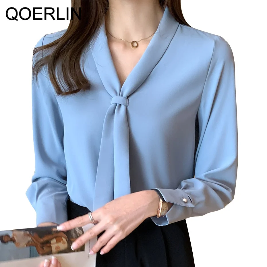 QoerliN OL Style Bow Neck Blouse Tops Spring Blouse Women&#39;s White Chiffon Shirt Office V-neck Shirt Long Sleeve Shirt Plus Size