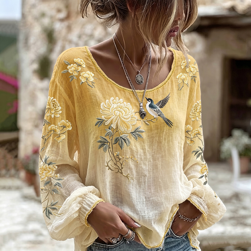 Comstylish Women's Japanese Chrysanthemum And Bird Gradient Pattern Crew Neck Long Sleeve T-shirt