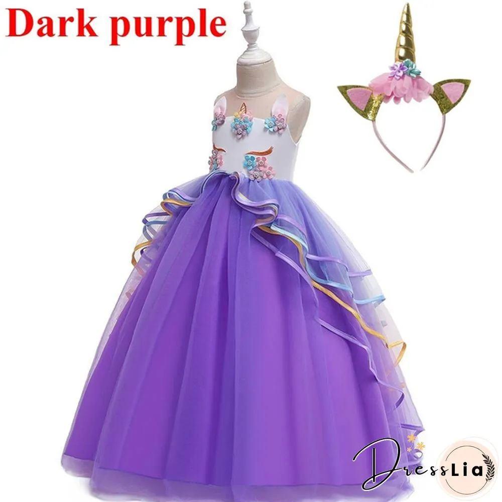 Summer Kids Girl Layered Tulle Unicorn Outfits Dress Headband for Carnival Halloween