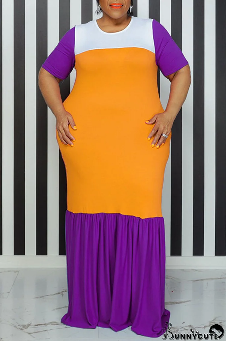 Orange Casual Solid Patchwork O Neck Straight Plus Size Dresses