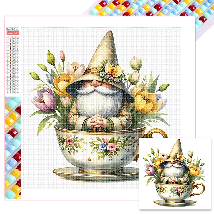 Full Square Diamond Painting - Flower Teacup Gnome 40*40CM