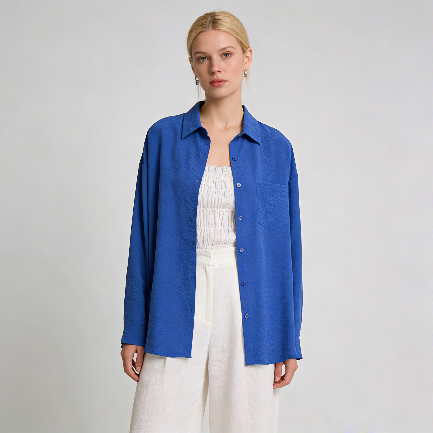 Long Sleeve Button Up Dry Silk Shirt Blue REAL SILK LIFE