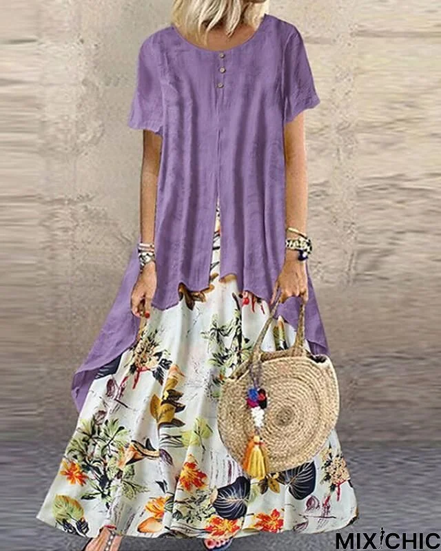 Women's Maxi Long Dress - Short Sleeve Floral Layered Button Print Summer Plus Size Hot Casual Holiday Vacation Dresses Loose Purple Yellow Pink Orange Green M