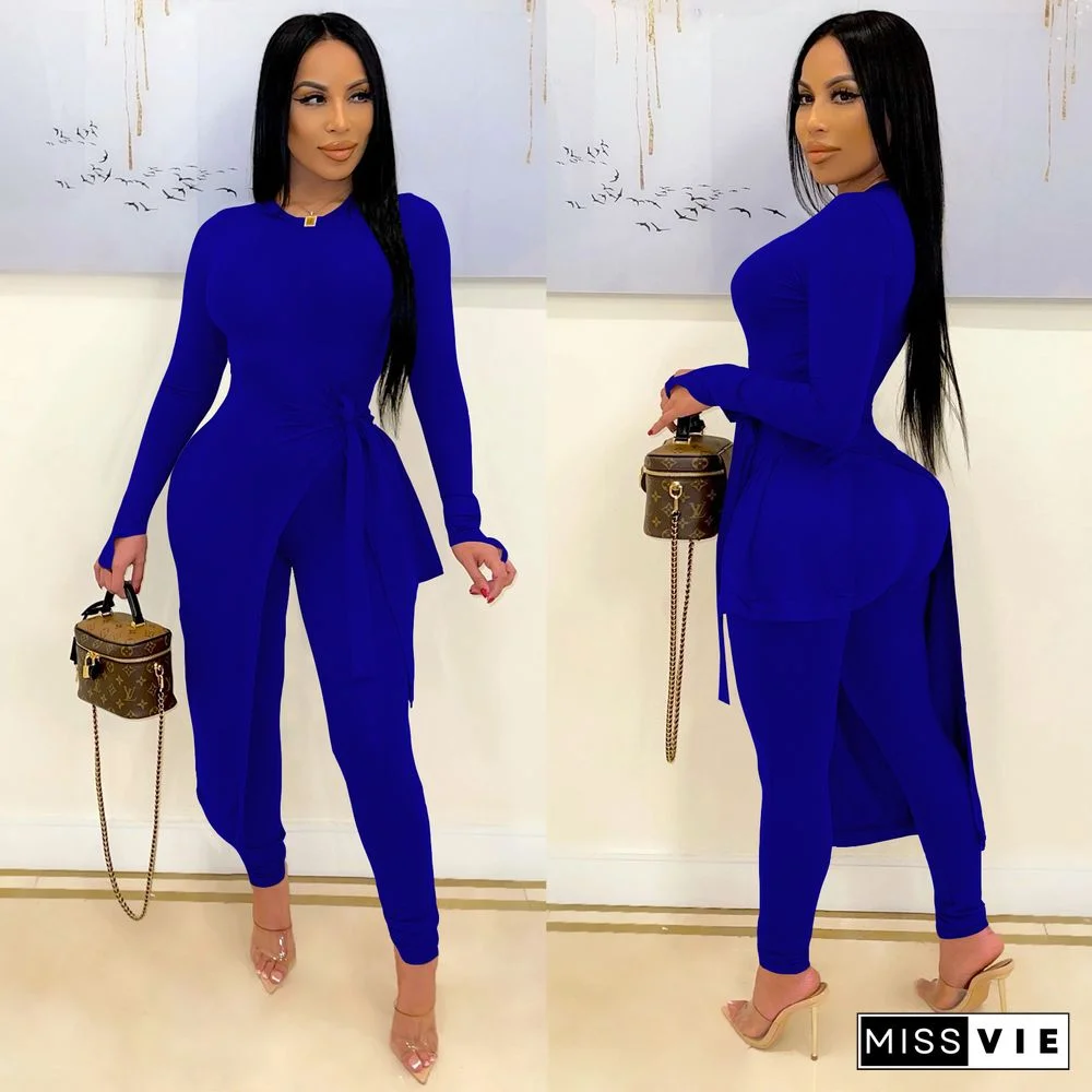 Irregular Split Knotted Top Skinny Pants Set