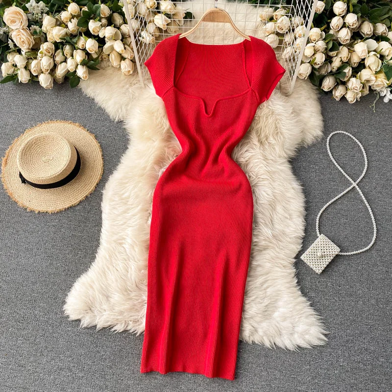 Croysier Spring Summer Short Cap Sleeve Knitted Sexy Bodycon Dress Back Slit Square Neck Casual Vintage Elegant Midi Dress Women