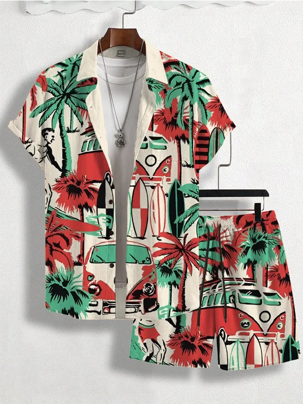 Men's Vacation Cartoon Illustration Print Short Sleeve Shirt Set