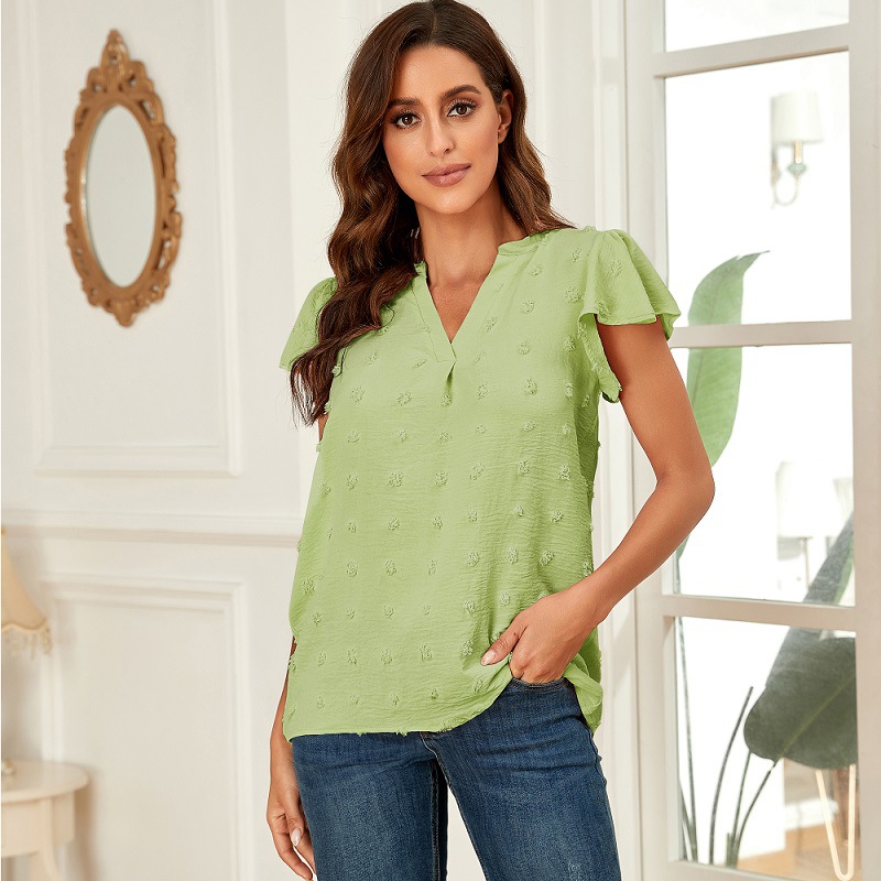 Women's V Neck Pleated Ruffle Sleeves Casual Loose Blouses & Shirts