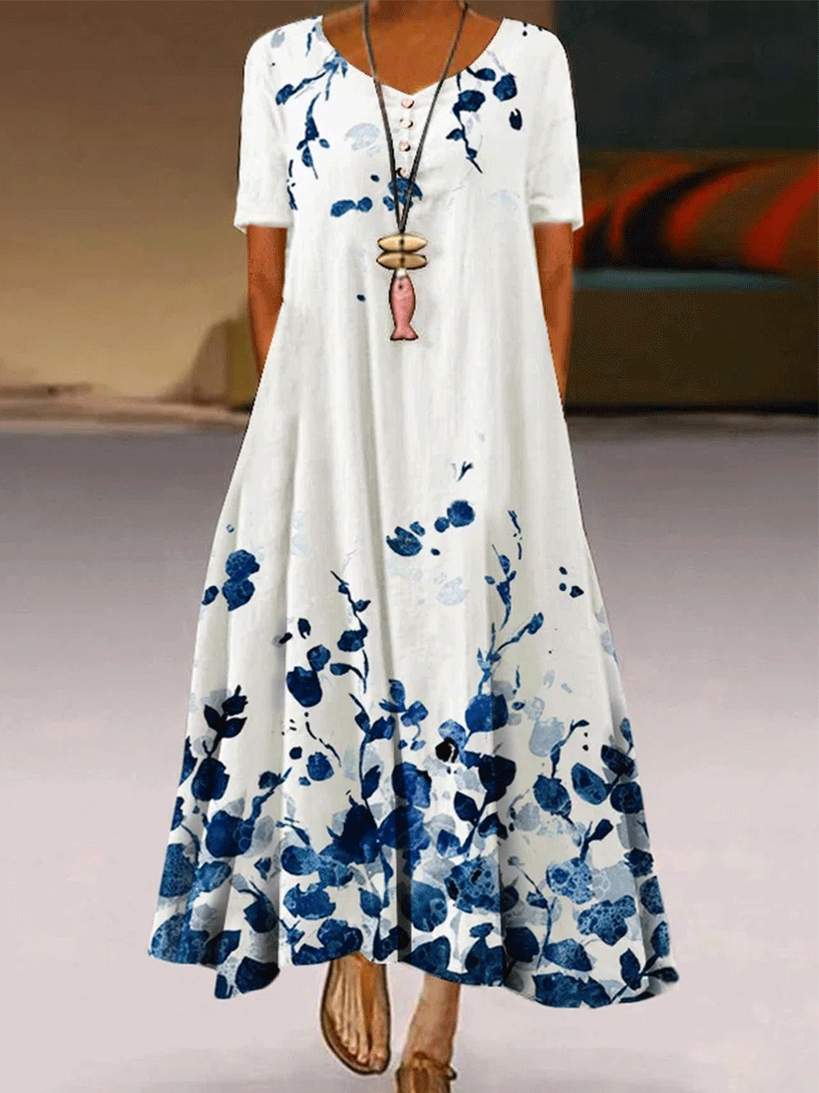 Flower Print Round Neck Short Sleeve Long Dress