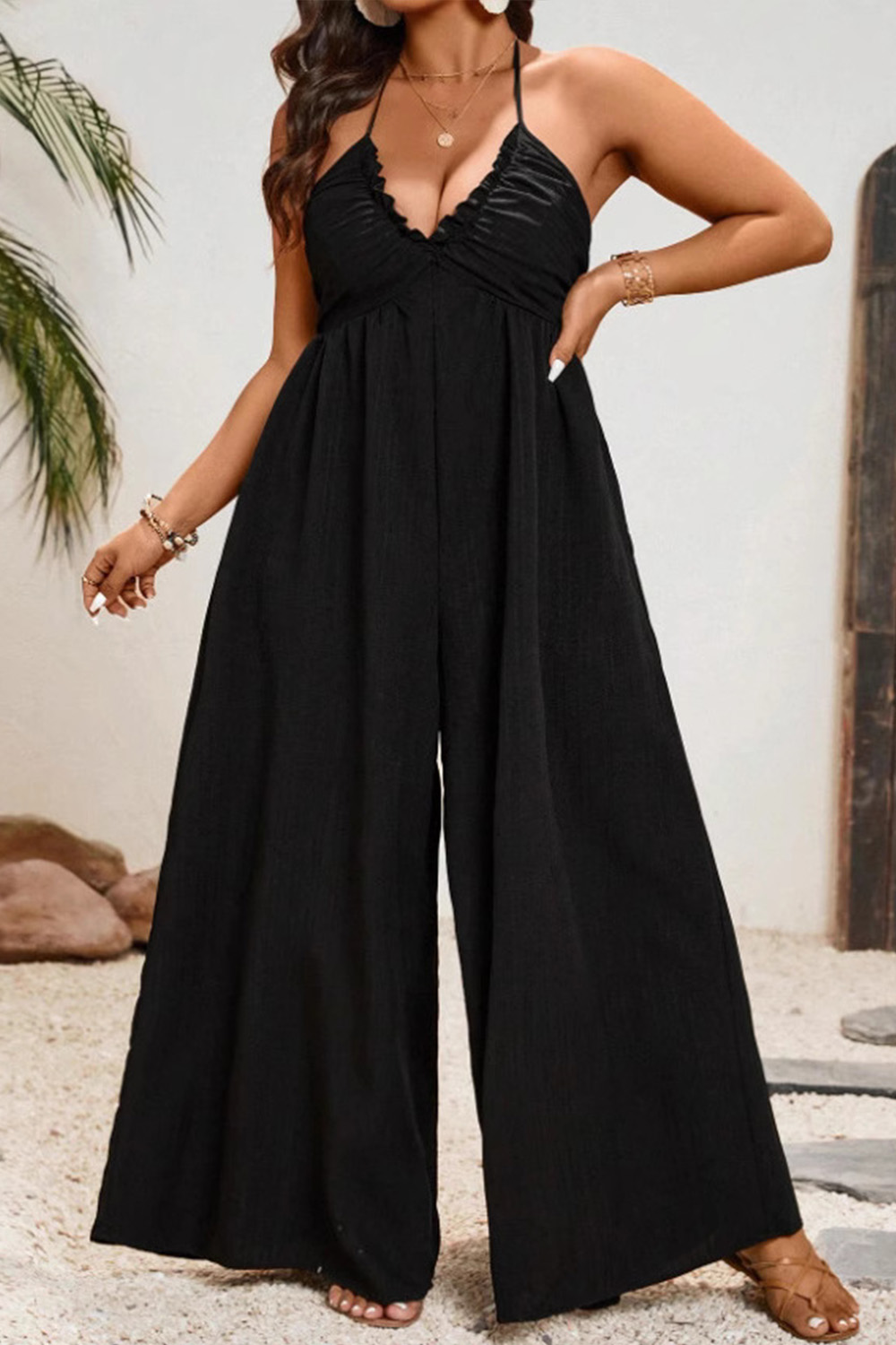 Plus Size Vacation Black Halter Neck Wide Leg Jumpsuit 2024 - Flycurvy 