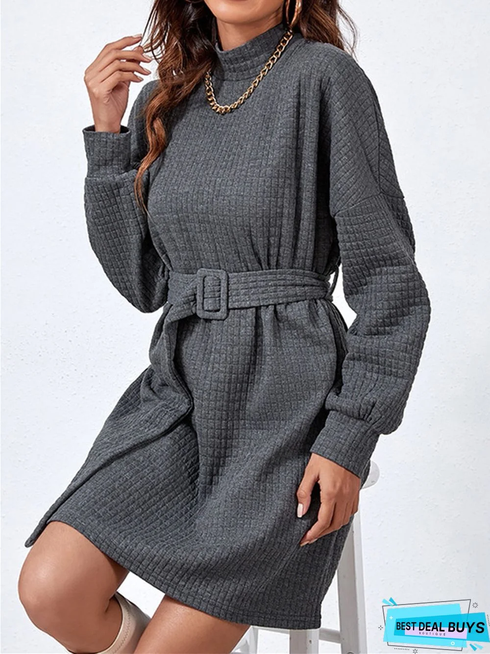 Temperament Commute Solid Color Long Sleeve Dress