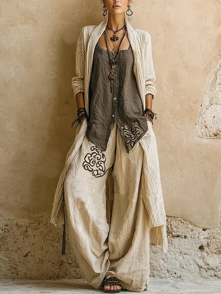 Elegant Cozy Loose Cotton Linen Three-piece Set