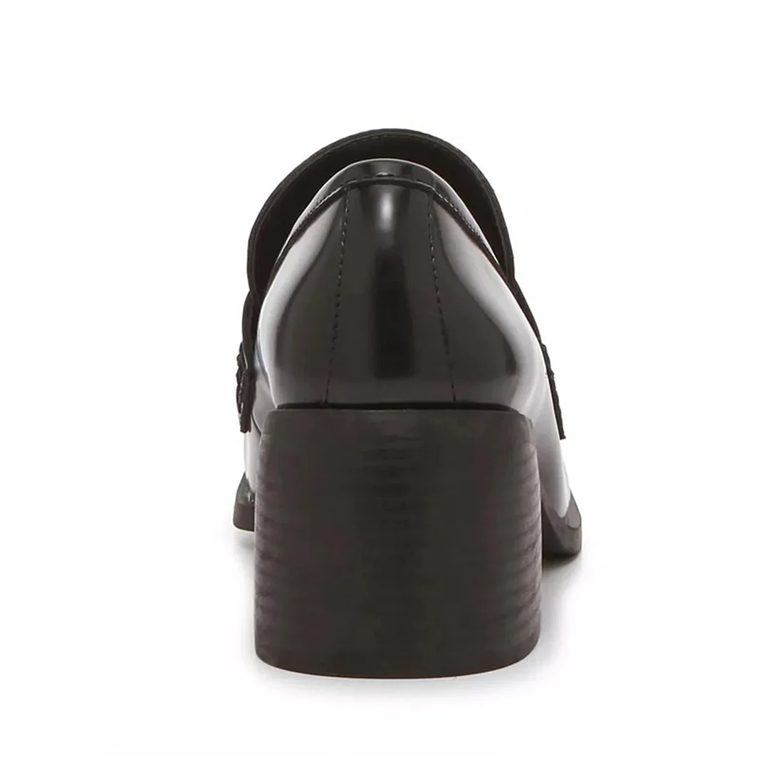 Classic Black Square Toe Office Shoes Block Heeled Loafers Women