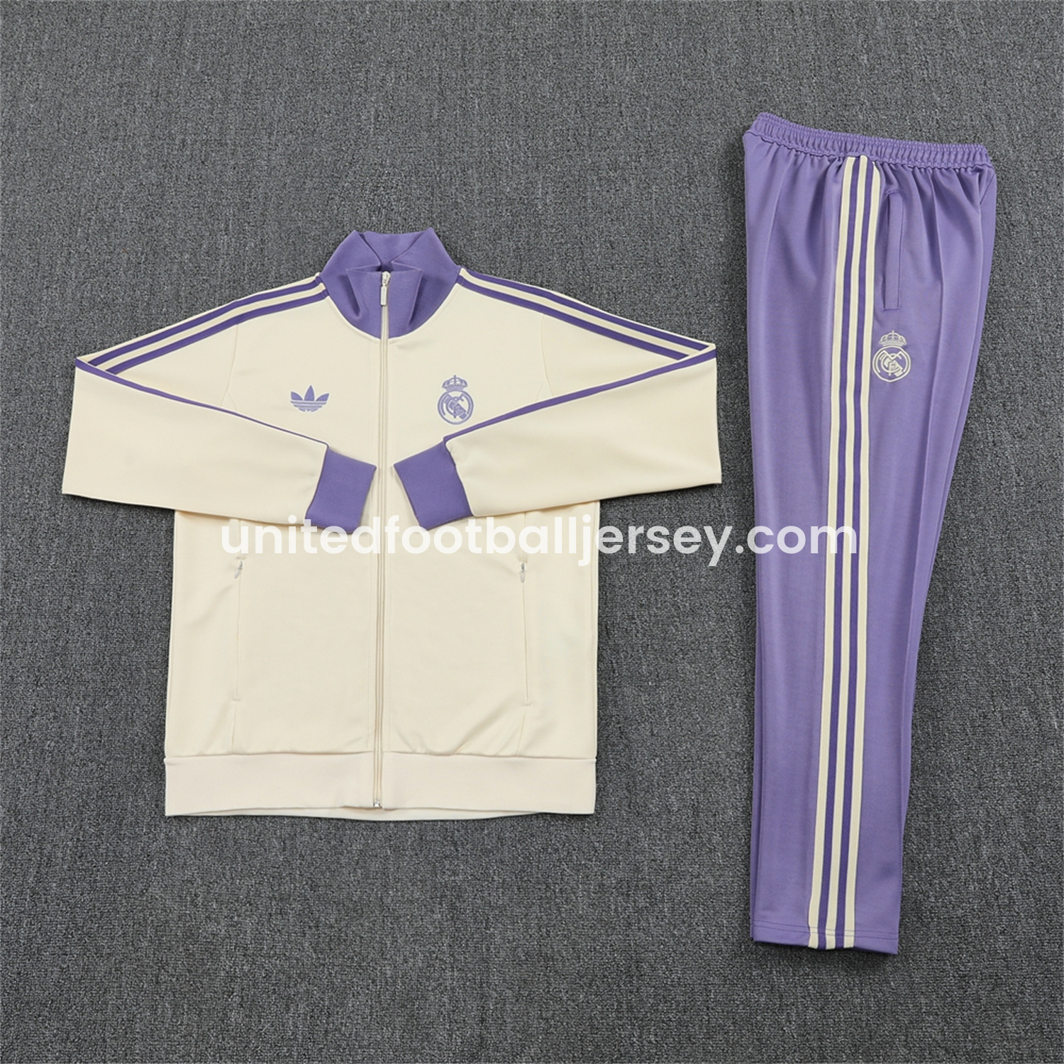 Real Madrid 24-25 Throwback Jacket Training Tracksuit - Off-white Jackets & Purple Pants