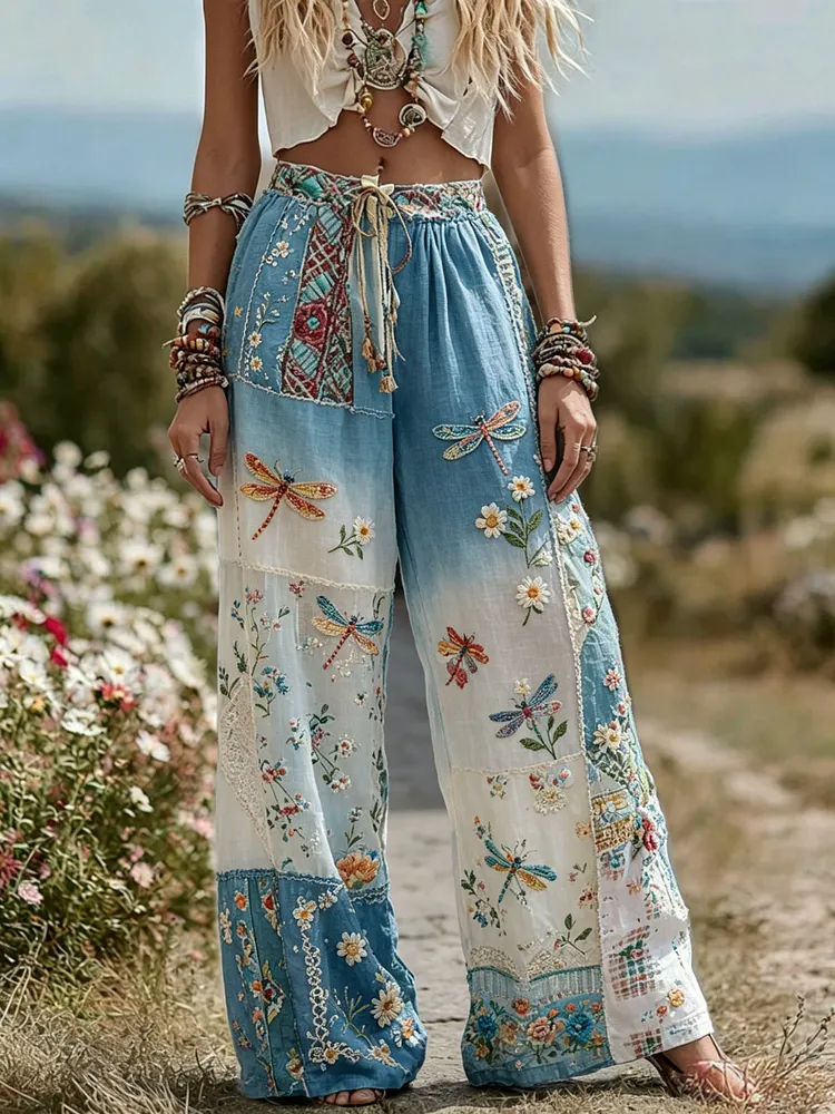 Women's Dragonfly & Floral Embroidered Ombre Patchwork Boho Wide Leg Pants