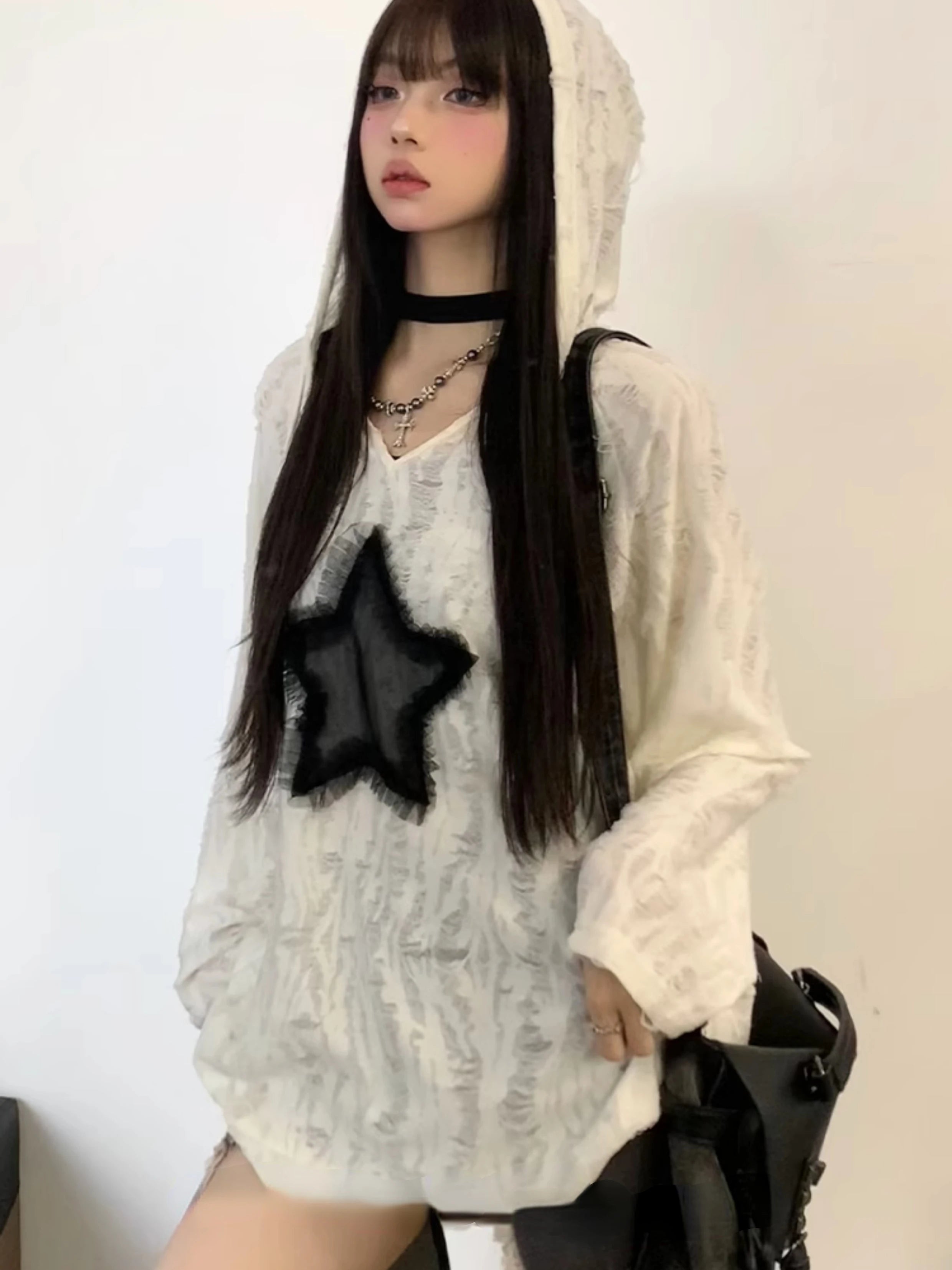 OLCooL Star Graphic Women T-shirts Streetwear Drawstring Design Long Sleeve Tees Y2k Aesthetic Loose Female Grunge Clothes New olcool