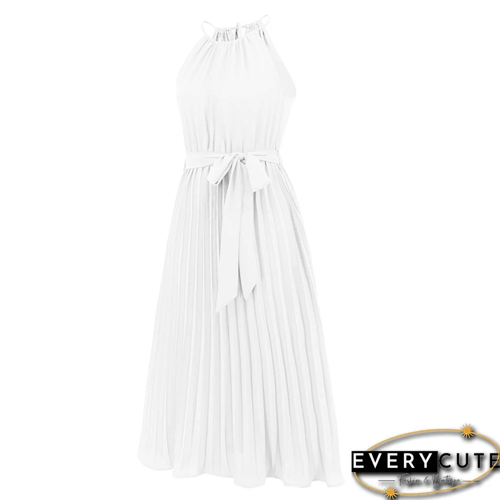 White Spaghetti Strap Tie Waist Pleated Midi Dress