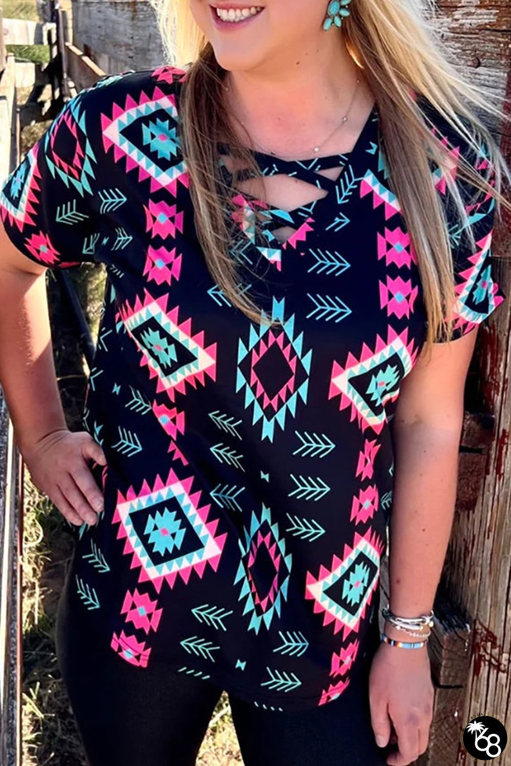 Western Fashion Aztec Print Crisscross V Neck Top | 168DEAL