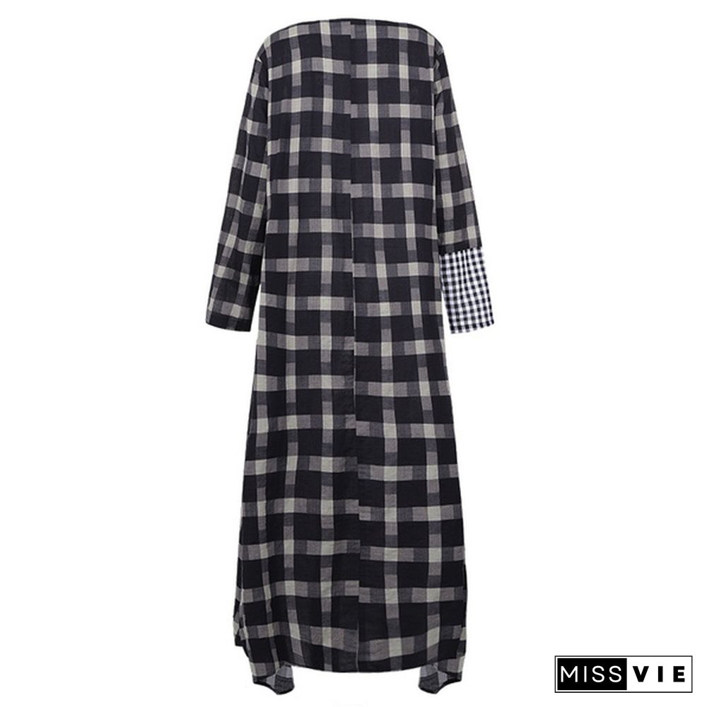 Zanzea Women Casual Loose Baggy Kaftan Maxi Dress Long Sleeve O Neck Check Plaid Dresses
