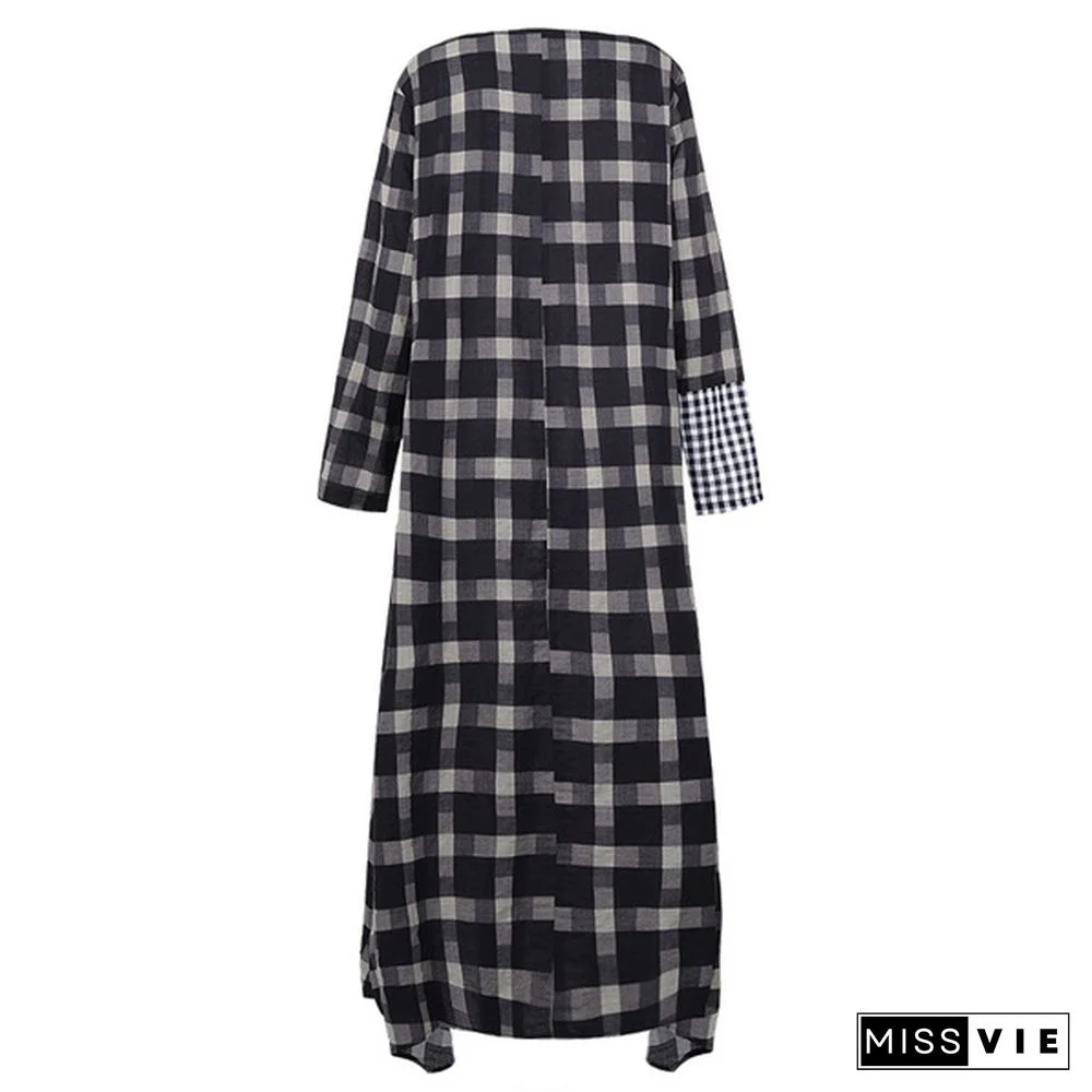 Zanzea Women Casual Loose Baggy Kaftan Maxi Dress Long Sleeve O Neck Check Plaid Dresses