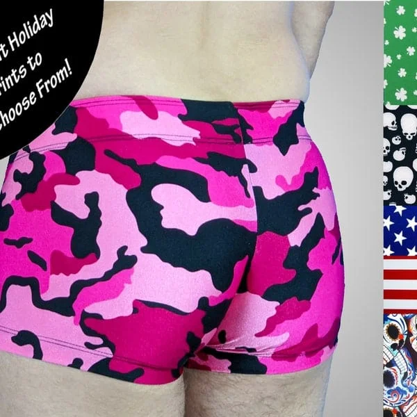 Pornhint Men's Pouch and Booty Swim Trunks in Holiday Prints, 4th of July, St Paddy's Day, Halloween, Dia de los Muertos, Square Cut with Butt Seam