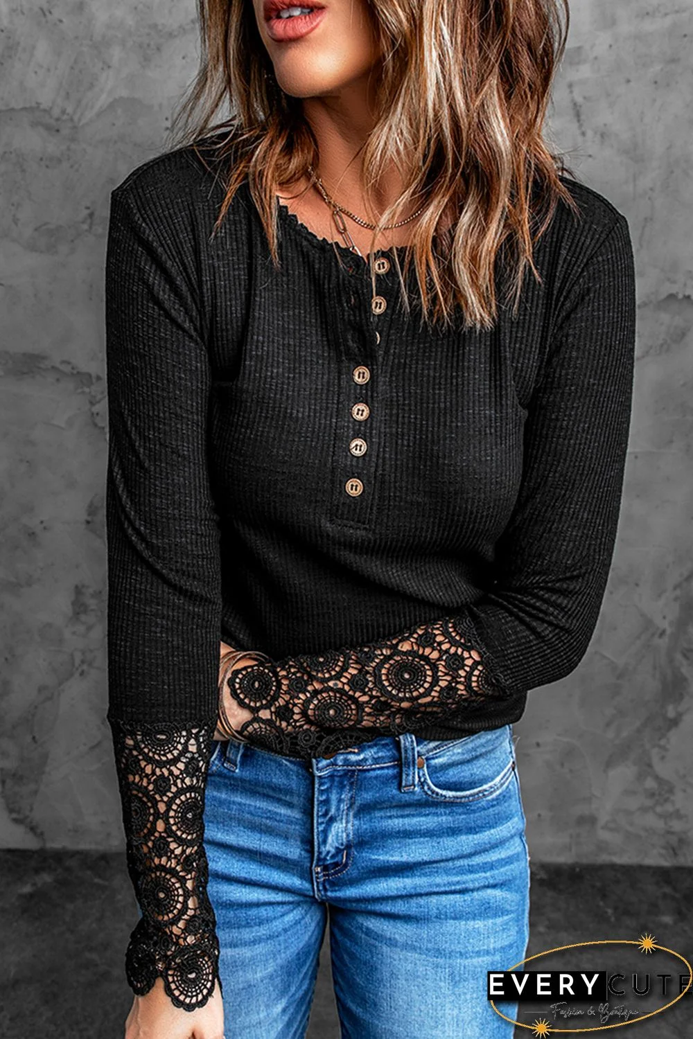 Black Crochet Lace Hem Sleeve Button Top