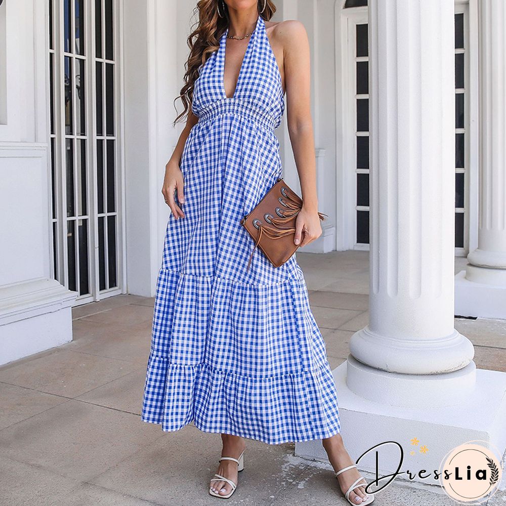 Sexy Dress For Women Summer New Casual Bohemian Holiday Ruffle Hem Plaid Long Backless