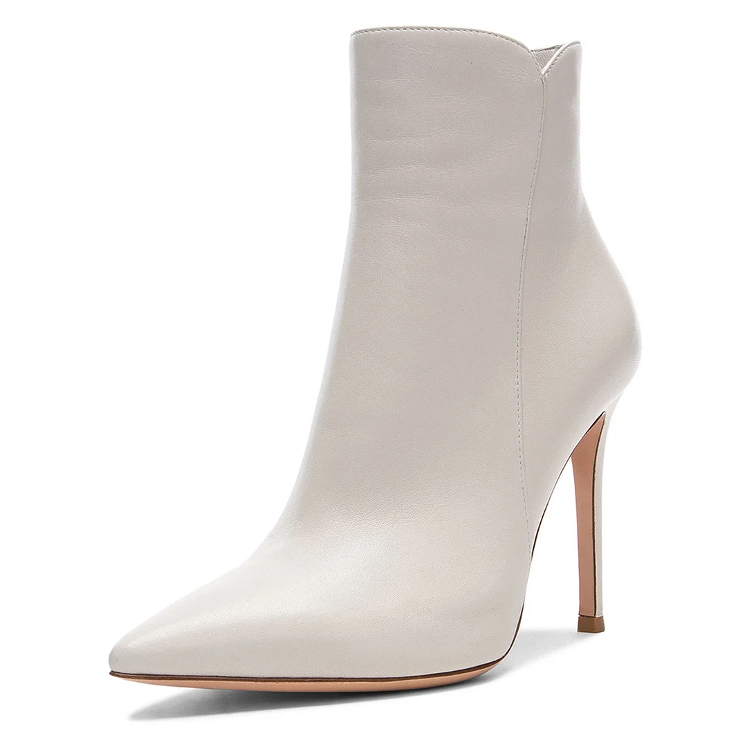 Simple Pointed Toe Side Zipper Stiletto Heeled Ankle Boots in White