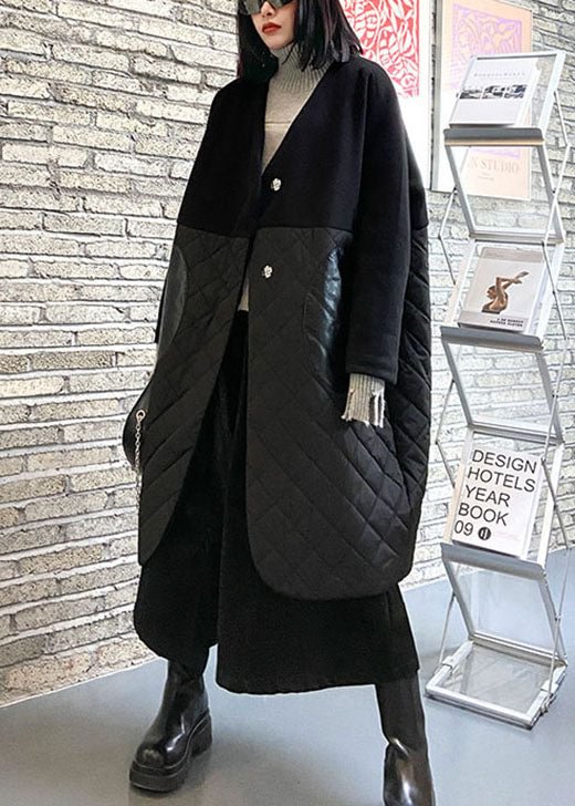 Fine Black Woolen Patchwork PU Pockets Winter Cotton Parka coat CK1619- Fabulory