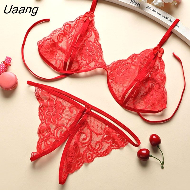 Uaang Size Women Lingerie Perspective Lace Bra Hollow Out Thong Set Sexy Women Underwear Sex 9189
